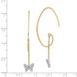 14k Yellow Gold Threader Earrings with Cubic Zirconia, Two-Tone Butterfly Charm Design