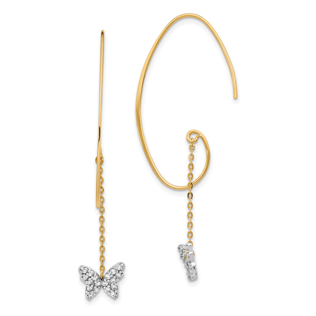 14k Yellow Gold Threader Earrings with Cubic Zirconia, Two-Tone Butterfly Charm Design