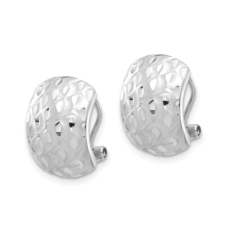 14k White Gold Huggie Hoop Earrings with Diamond Cut Leaf Pattern and Textured Finish