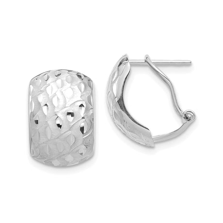 14k White Gold Huggie Hoop Earrings with Diamond Cut Leaf Pattern and Textured Finish