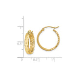 14k Yellow Gold Hoop Earrings with Diamond Cut Star Pattern, Textured Matte and Polished Finish