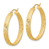 14k Yellow Gold Hoop Earrings with Textured Diamond Cut Design and High Polish Finish