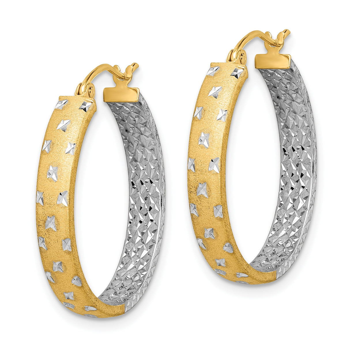 14k Yellow Gold Two-Tone Hoop Earrings, Diamond-Cut Textured Round Design for Women