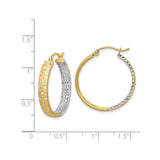 14k Yellow Gold Two-Tone Hoop Earrings, Diamond-Cut Textured Round Design for Women