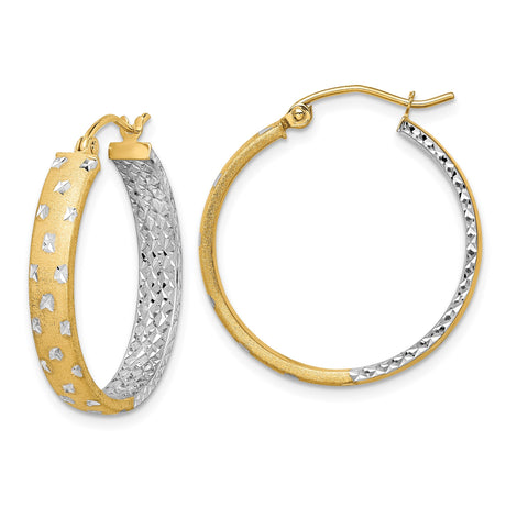 14k Yellow Gold Two-Tone Hoop Earrings, Diamond-Cut Textured Round Design for Women