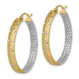 14k Yellow Gold Hoop Earrings, Two-Tone with Diamond-Cut Textured Finish for Women
