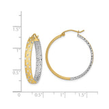 14k Yellow Gold Hoop Earrings, Two-Tone with Diamond-Cut Textured Finish for Women