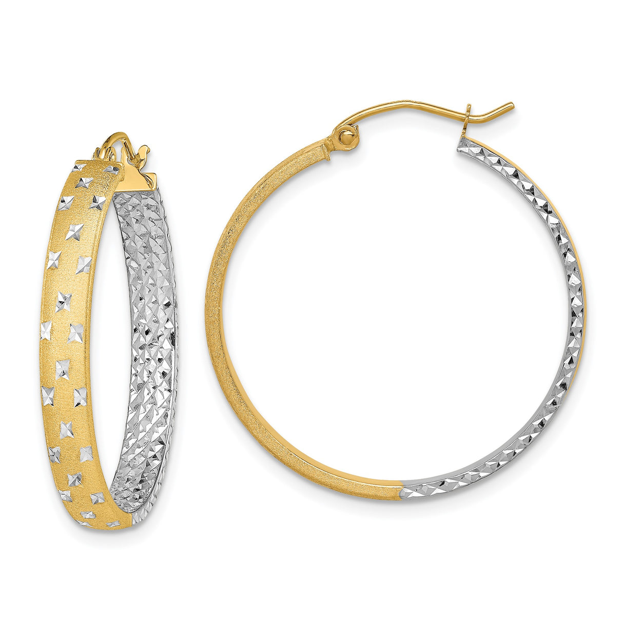 14k Yellow Gold Hoop Earrings, Two-Tone with Diamond-Cut Textured Finish for Women