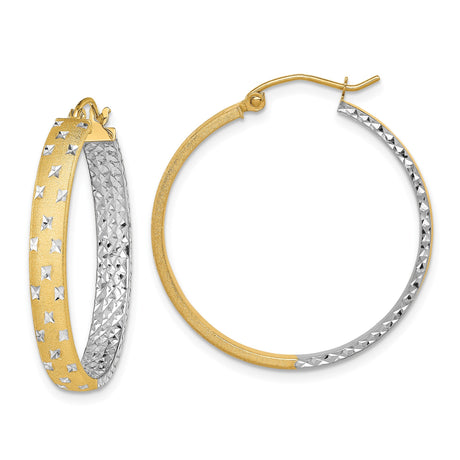 14k Yellow Gold Hoop Earrings, Two-Tone with Diamond-Cut Textured Finish for Women