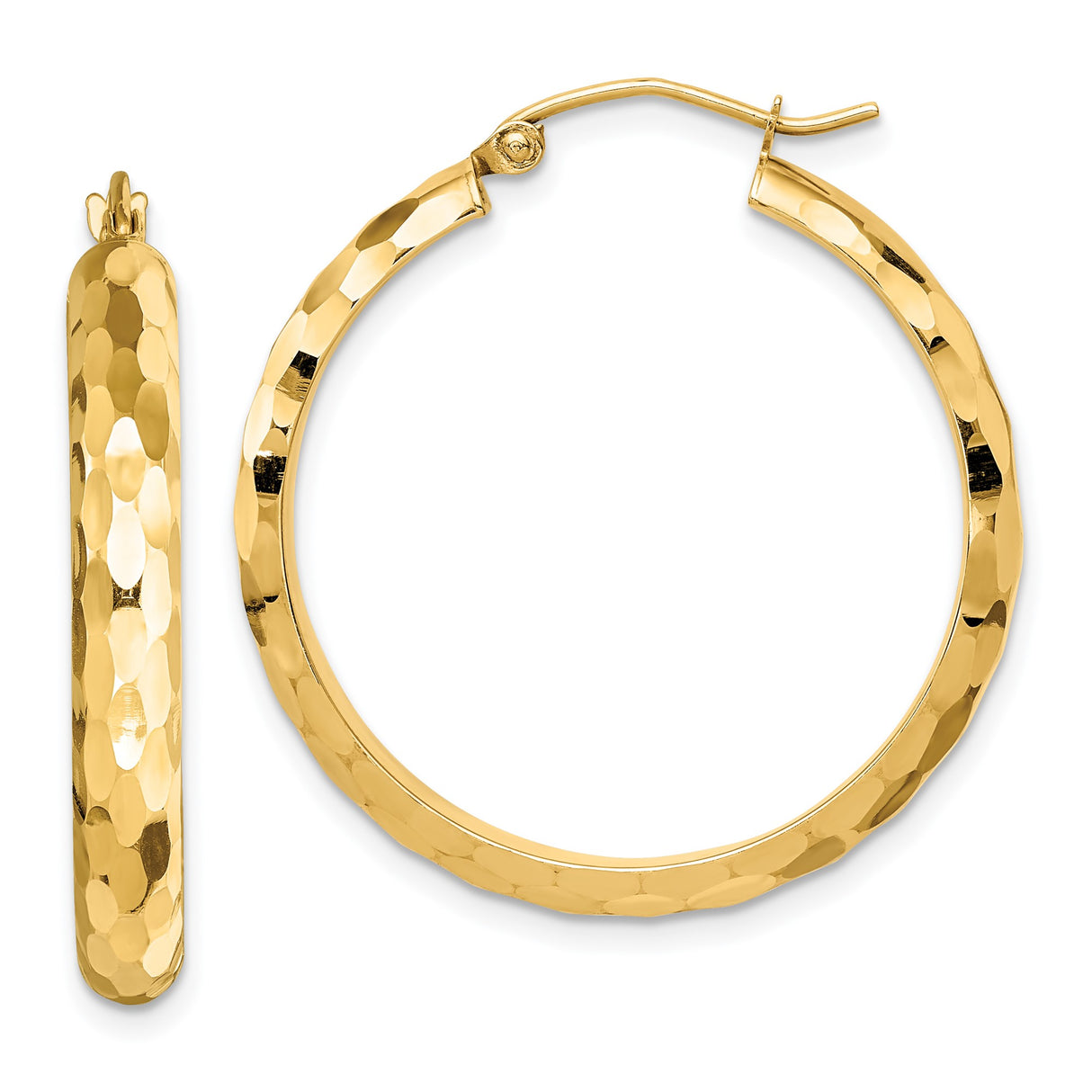 14k Yellow Gold Hoop Earrings, Hammered Textured Finish, Lightweight Classic Design for Women