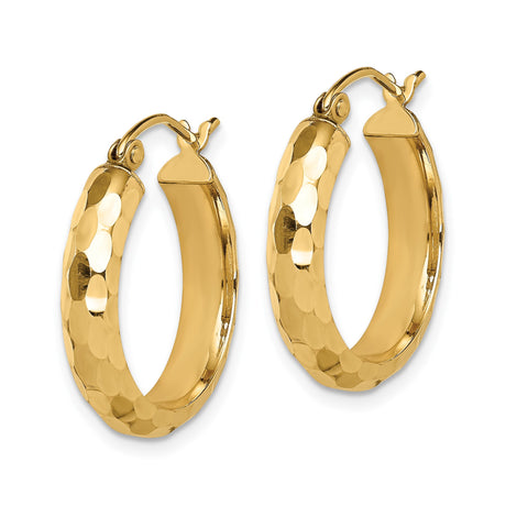 14k Yellow Gold Hoop Earrings, Hammered Finish, Classic Lightweight Round Style for Women