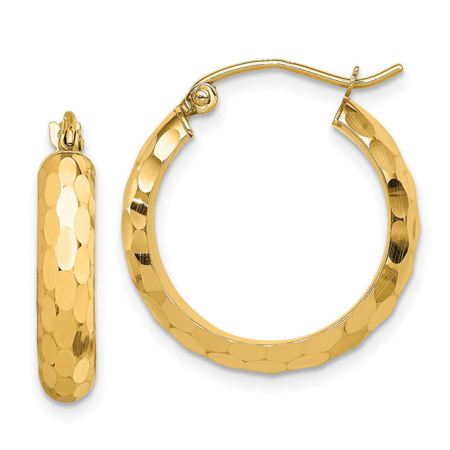 14k Yellow Gold Hoop Earrings, Hammered Finish, Classic Lightweight Round Style for Women