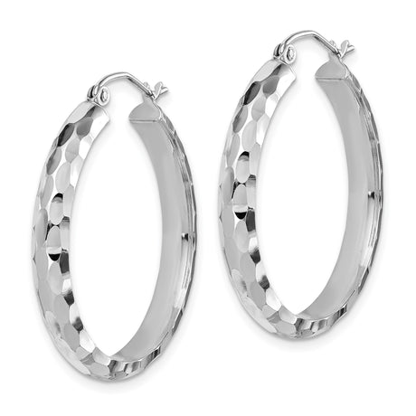 14k White Gold Hoop Earrings, Hammered Textured Round Design, Lightweight Modern Style for Women