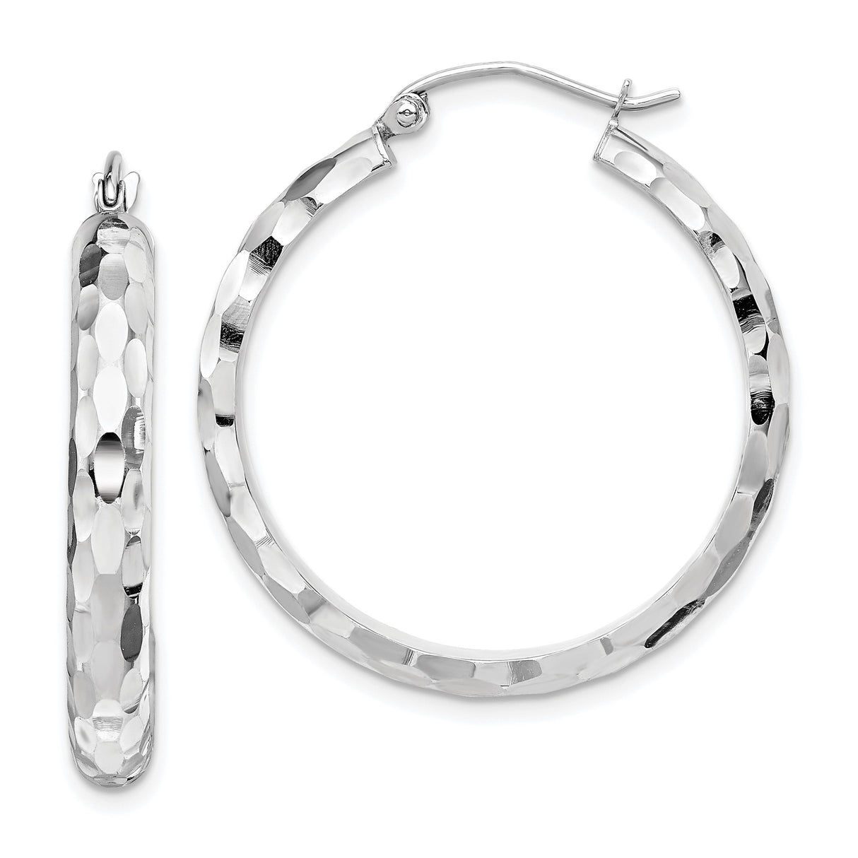14k White Gold Hoop Earrings, Hammered Textured Round Design, Lightweight Modern Style for Women