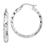 14k White Gold Hoop Earrings, Hammered Textured Round Design, Lightweight Modern Style for Women