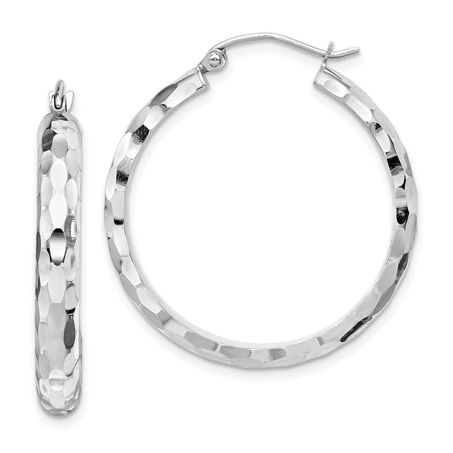 14k White Gold Hoop Earrings, Hammered Textured Round Design, Lightweight Modern Style for Women