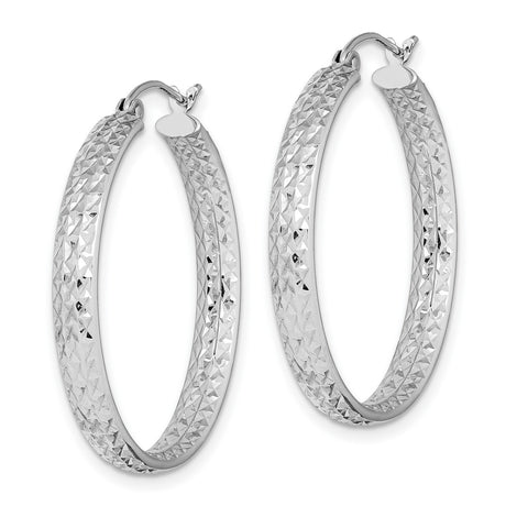 14k White Gold Hoop Earrings with Textured Diamond Cut Design, Lightweight Polished Finish