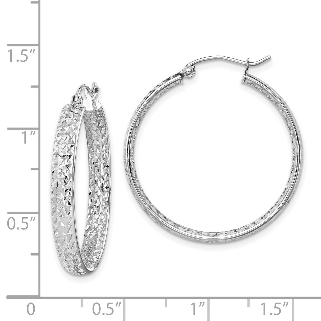 14k White Gold Hoop Earrings with Textured Diamond Cut Design, Lightweight Polished Finish