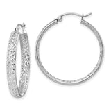 14k White Gold Hoop Earrings with Textured Diamond Cut Design, Lightweight Polished Finish