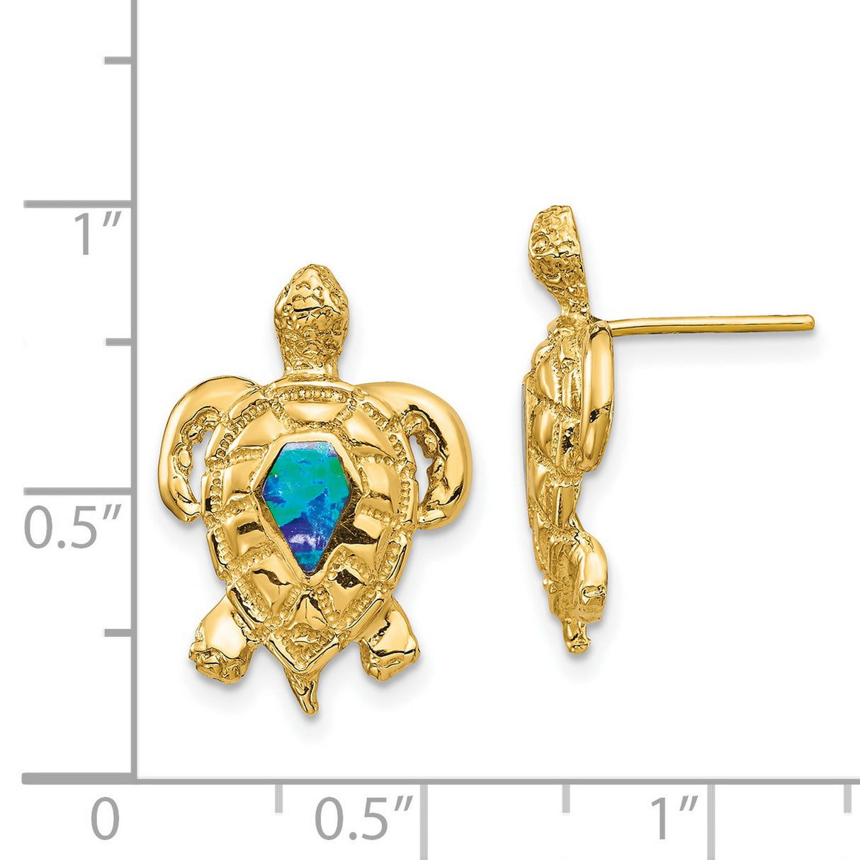 14k Yellow Gold Sea Turtle Stud Earrings with Vibrant Opal Inlay