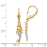 14k Yellow Gold Dangle Earrings with Detailed Mermaid Charms and Textured Rhodium Tails