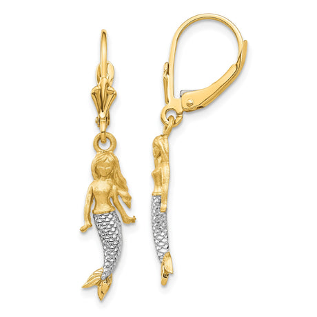 14k Yellow Gold Dangle Earrings with Detailed Mermaid Charms and Textured Rhodium Tails