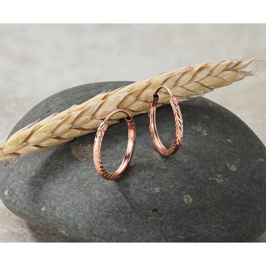 14k Rose Gold Hoop Earrings with Diamond Cut Finish, Minimalist Round Lightweight Design