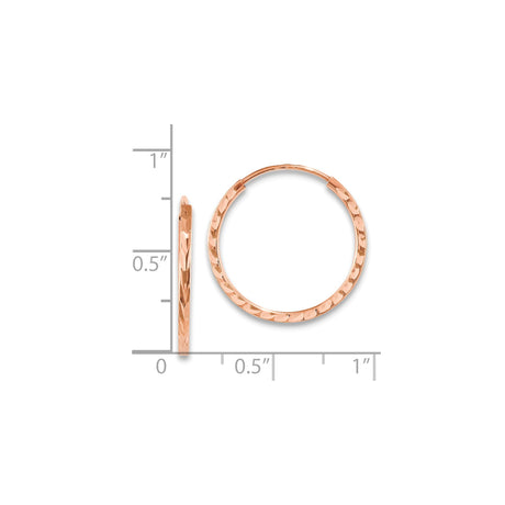 14k Rose Gold Hoop Earrings, Diamond Cut Textured Finish, Lightweight Polished Style