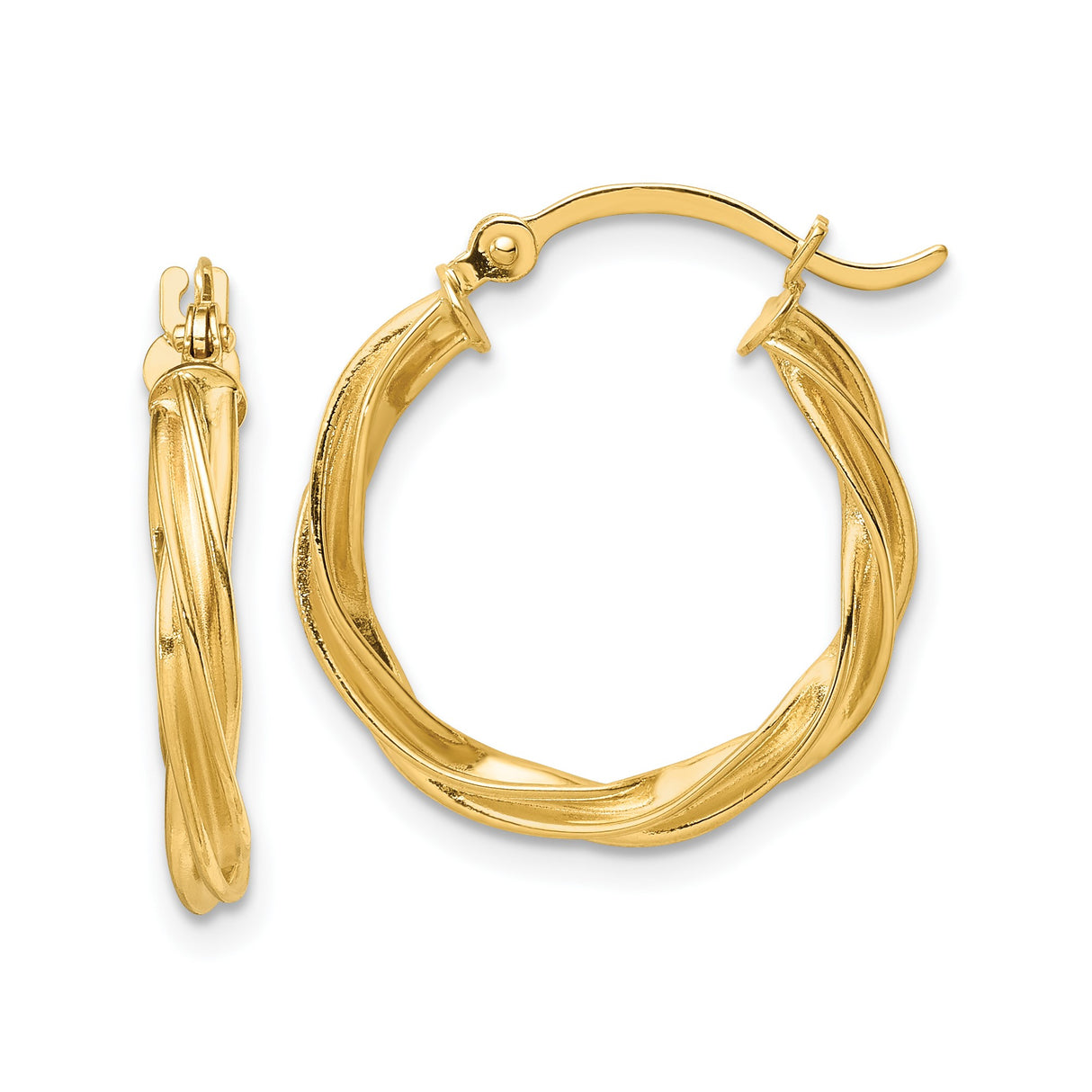 14k Yellow Gold Hoop Earrings, Twisted Lightweight Design with Polished Textured Finish