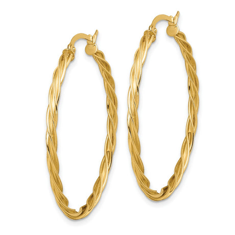 14k Yellow Gold Hoop Earrings, Twisted Rope Design, Lightweight Polished Style for Women