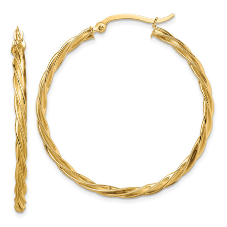 14k Yellow Gold Hoop Earrings, Twisted Rope Design, Lightweight Polished Style for Women
