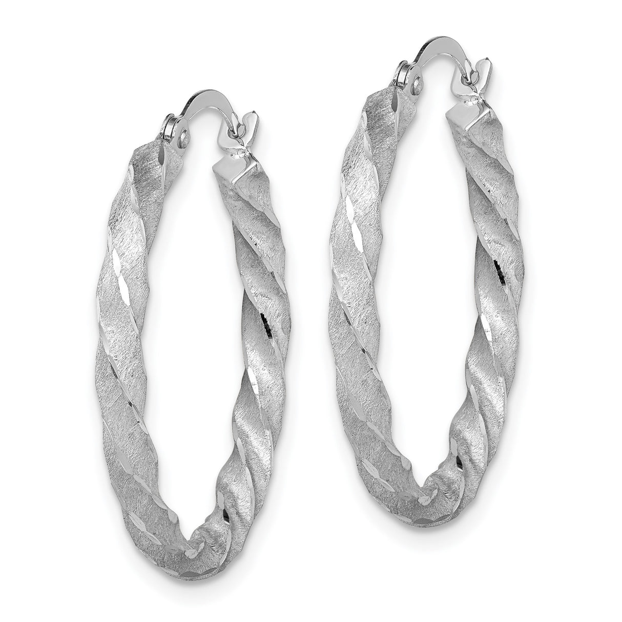14k White Gold Hoop Earrings with Twisted Satin Swirl Design, Medium Size Polished Style
