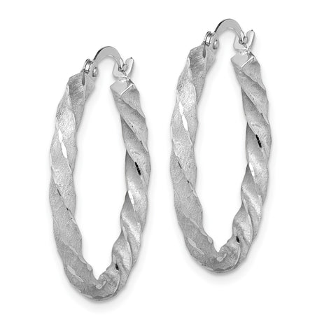14k White Gold Hoop Earrings with Twisted Satin Swirl Design, Medium Size Polished Style