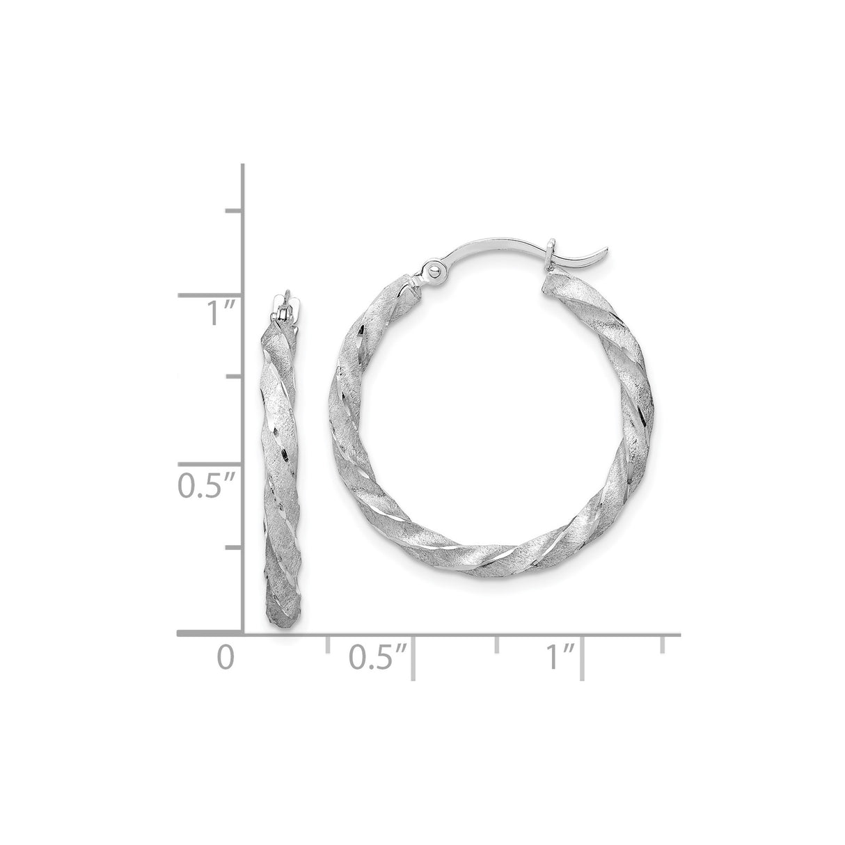 14k White Gold Hoop Earrings with Twisted Satin Swirl Design, Medium Size Polished Style