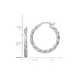 14k White Gold Hoop Earrings with Twisted Satin Swirl Design, Medium Size Polished Style