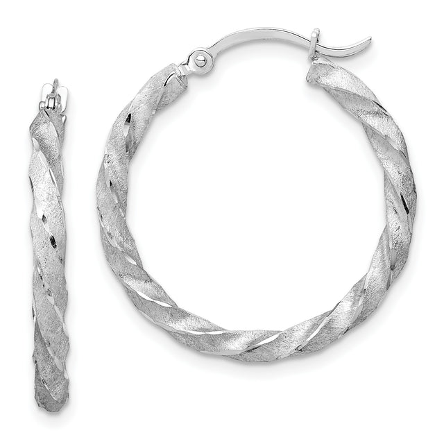 14k White Gold Hoop Earrings with Twisted Satin Swirl Design, Medium Size Polished Style
