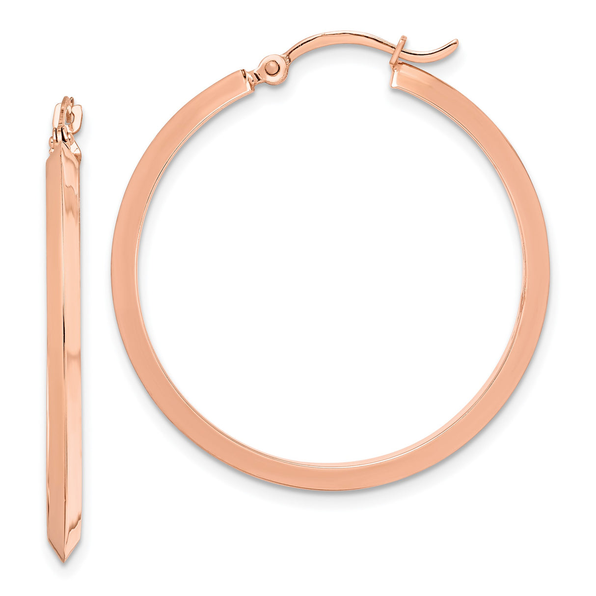 14k Rose Gold Hoop Earrings, Sleek Modern Tapered Edge Design, High-Polish Finish, Lightweight Style