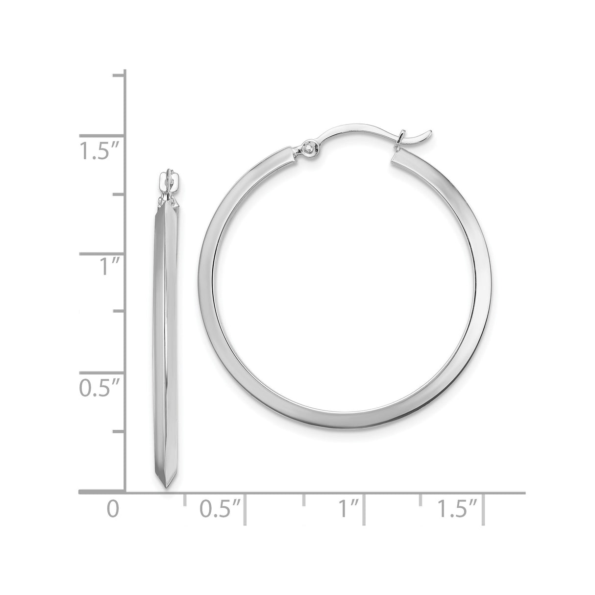 14k White Gold Hoop Earrings, Flat Edge Round Medium Size, Minimalist Polished Style