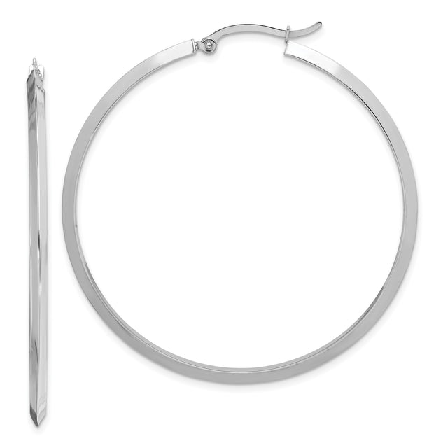 14k White Gold Hoop Earrings, Lightweight Flat-Edge Modern Hoops, High Polish Finish