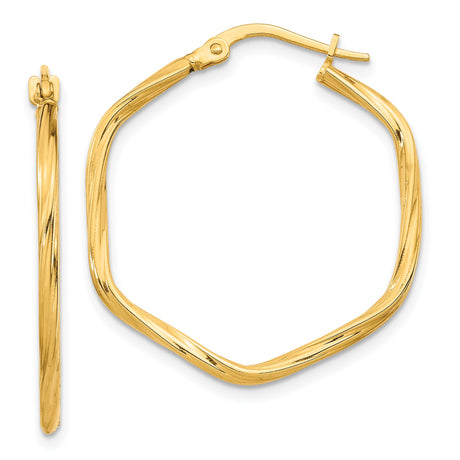 14k Yellow Gold Hoop Earrings, Twisted Square Design, Modern Geometric Style for Women