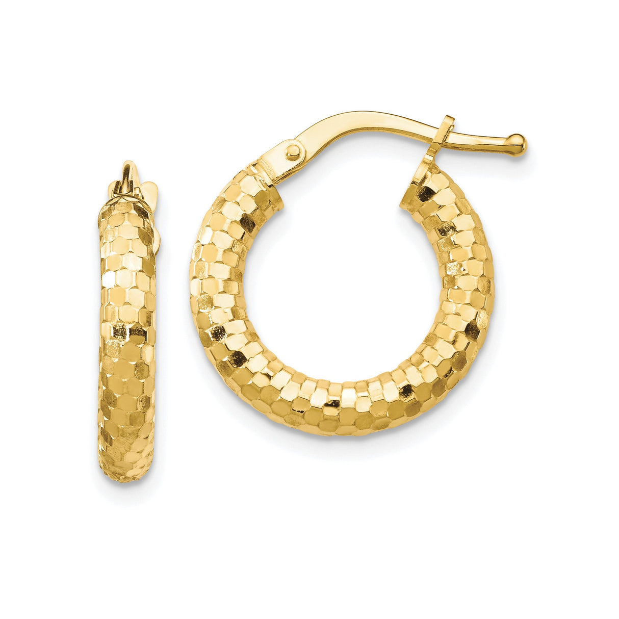 14k Yellow Gold Hoop Earrings, Textured Faceted Hoops with Honeycomb Pattern for Women