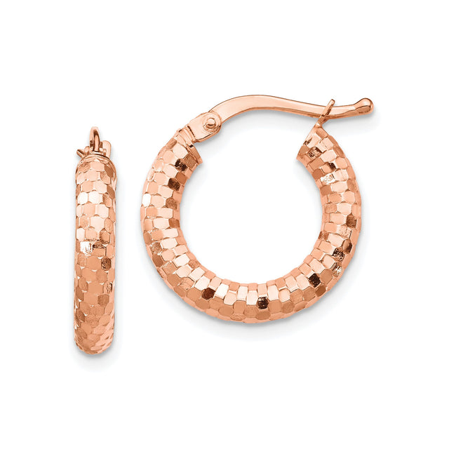14k Rose Gold Hoop Earrings with Diamond Cut Honeycomb Pattern, Medium Size Polished Finish