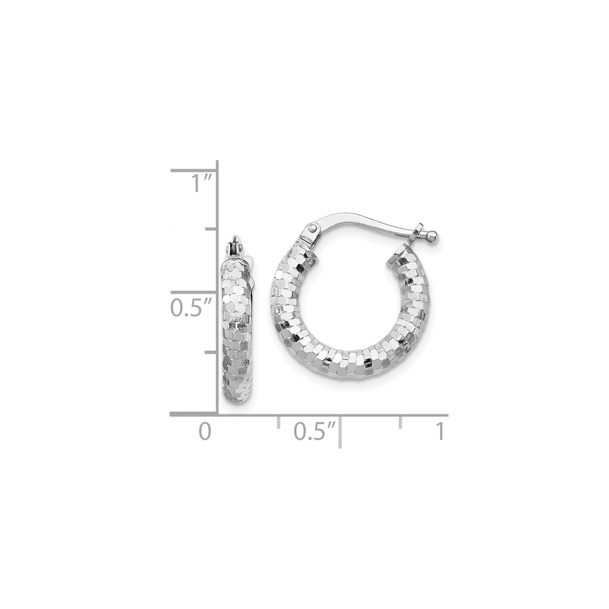14k White Gold Hoop Earrings, Textured Diamond-Cut Sparkle Finish, Lightweight Medium Size Hoops