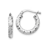14k White Gold Hoop Earrings, Textured Diamond-Cut Sparkle Finish, Lightweight Medium Size Hoops