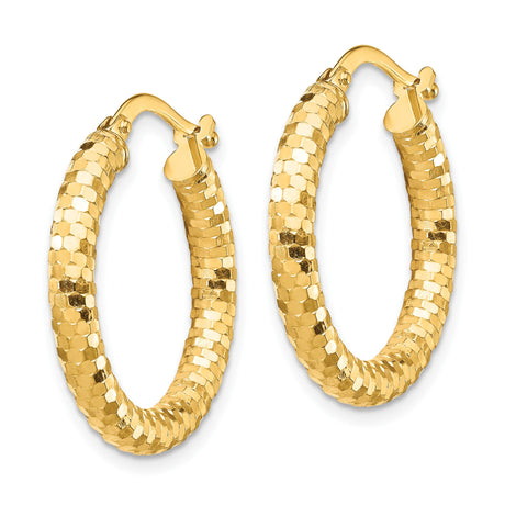 14k Yellow Gold Hoop Earrings, Diamond Cut Textured Hexagon Design, Lightweight and Polished Shine