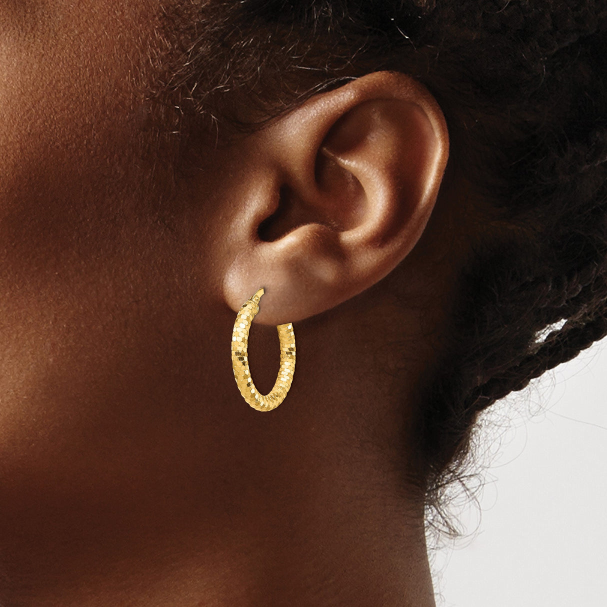 14k Yellow Gold Hoop Earrings, Diamond Cut Textured Hexagon Design, Lightweight and Polished Shine