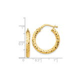 14k Yellow Gold Hoop Earrings, Diamond Cut Textured Hexagon Design, Lightweight and Polished Shine