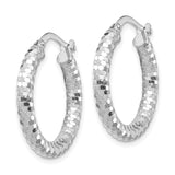 14k White Gold Hoop Earrings, Faceted Hexagon Textured Design, Lightweight Contemporary Style