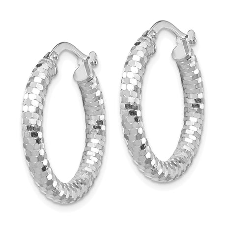 14k White Gold Hoop Earrings, Faceted Hexagon Textured Design, Lightweight Contemporary Style