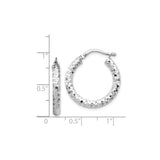 14k White Gold Hoop Earrings, Faceted Hexagon Textured Design, Lightweight Contemporary Style